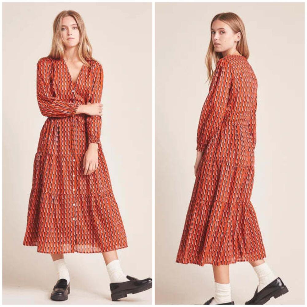 Trovata Birds of Paradis L Geometric Print Button Front Midi Dress Orange Long